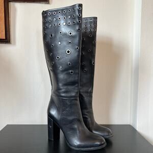 Nine West Quatrina Genuine Leather Grommet Stud Heeled Boots 7M Black Silver